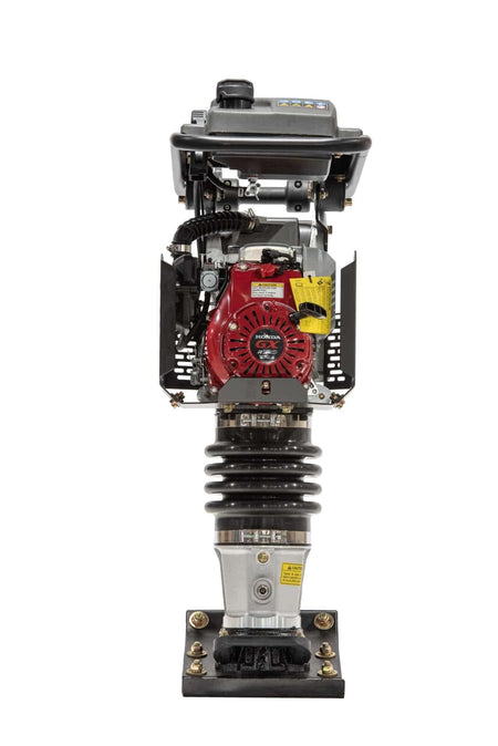 A direct rear view of the jumping jack compactor showing the streamlined balance of the machine and the dual-stage air filtration system used for maximum engine protection in dusty job site conditions.