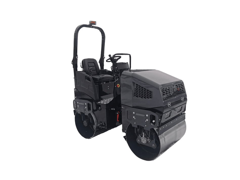 A professional studio angled view of the Third Coast Equipment RA12H vibratory tandem roller featuring a dual drum drive system, folding ROPS safety frame, and heavy-duty construction for asphalt paving.