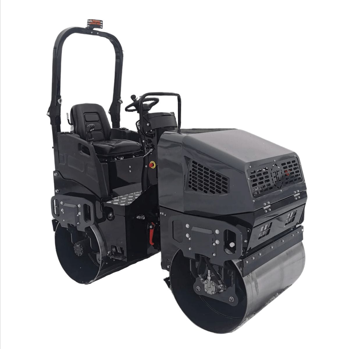 A professional studio angled view of the Third Coast Equipment RA12H vibratory tandem roller featuring a dual drum drive system, folding ROPS safety frame, and heavy-duty construction for asphalt paving.