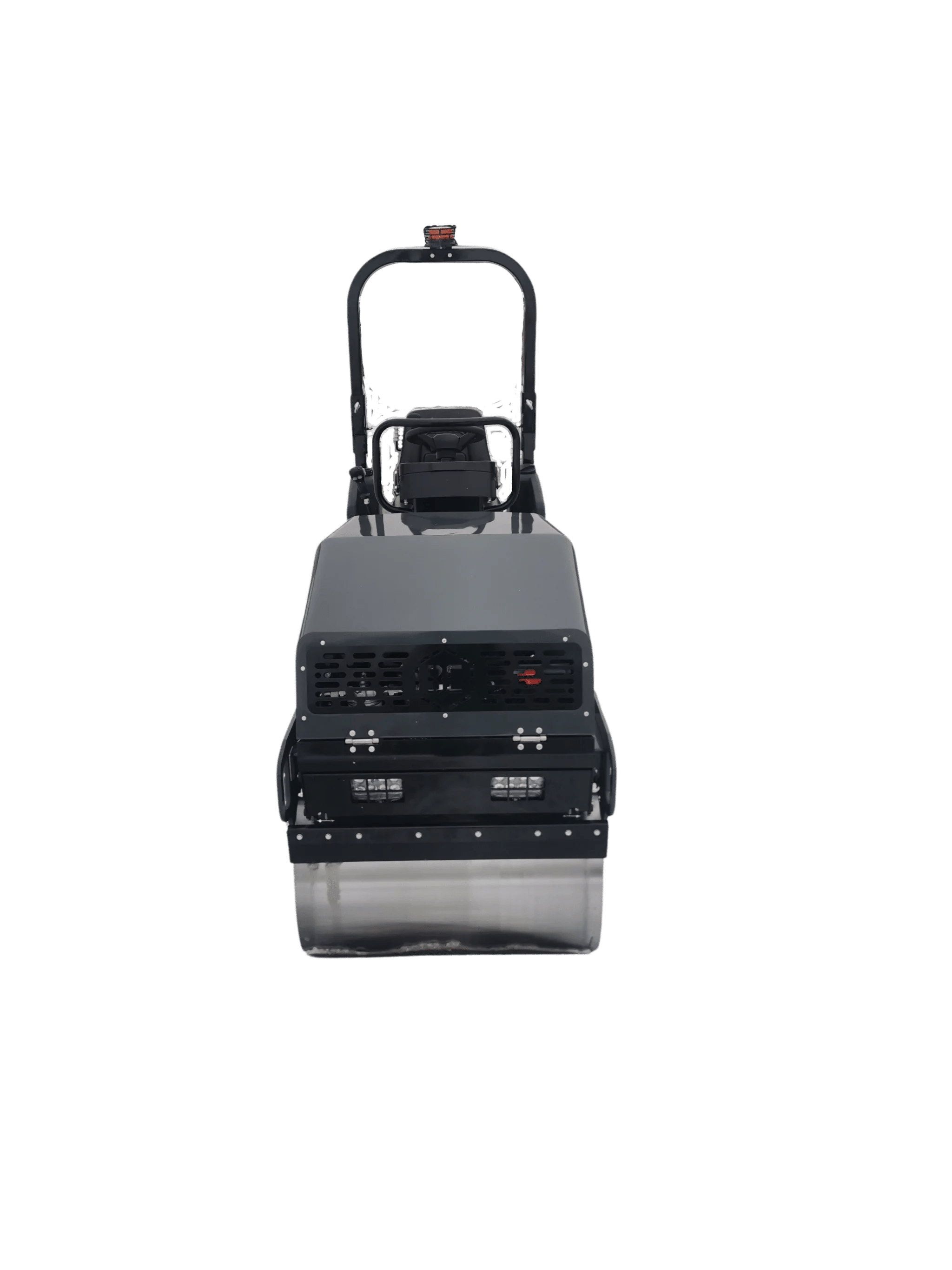 A direct front view of the RA12H tandem roller highlighting the 35.4 inch smooth steel compaction drum, integrated LED working lights, and high-visibility beacon for job site safety.