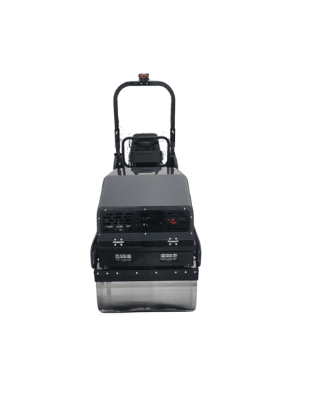 A direct front view of the RA12H tandem roller highlighting the 35.4 inch smooth steel compaction drum, integrated LED working lights, and high-visibility beacon for job site safety.