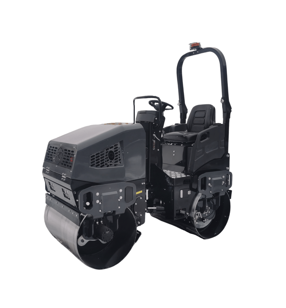 The opposite angled studio shot of the Third Coast Equipment vibratory roller showcasing the compact 2,711 lb design and the accessibility of the high-output Honda V-Twin engine compartment.