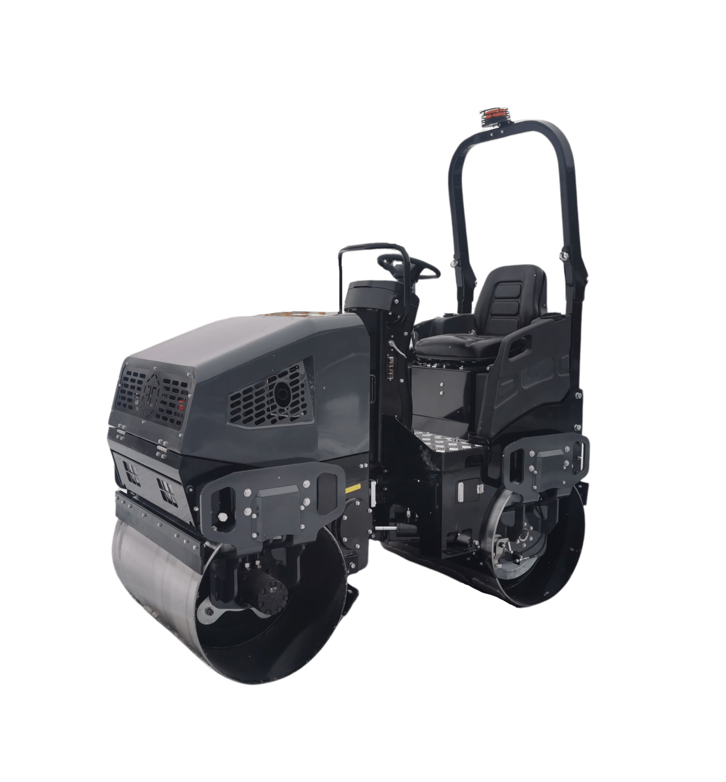 The opposite angled studio shot of the Third Coast Equipment vibratory roller showcasing the compact 2,711 lb design and the accessibility of the high-output Honda V-Twin engine compartment.