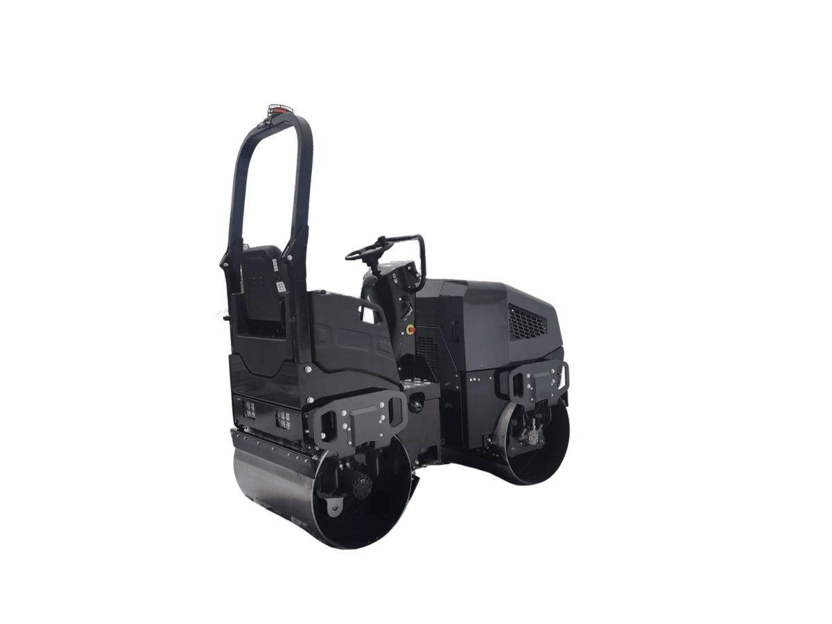 A rear angled view of the RA12H asphalt compactor emphasizing the folding ROPS, high-back ergonomic operator seat, and the streamlined balance of the dual drum drive system.