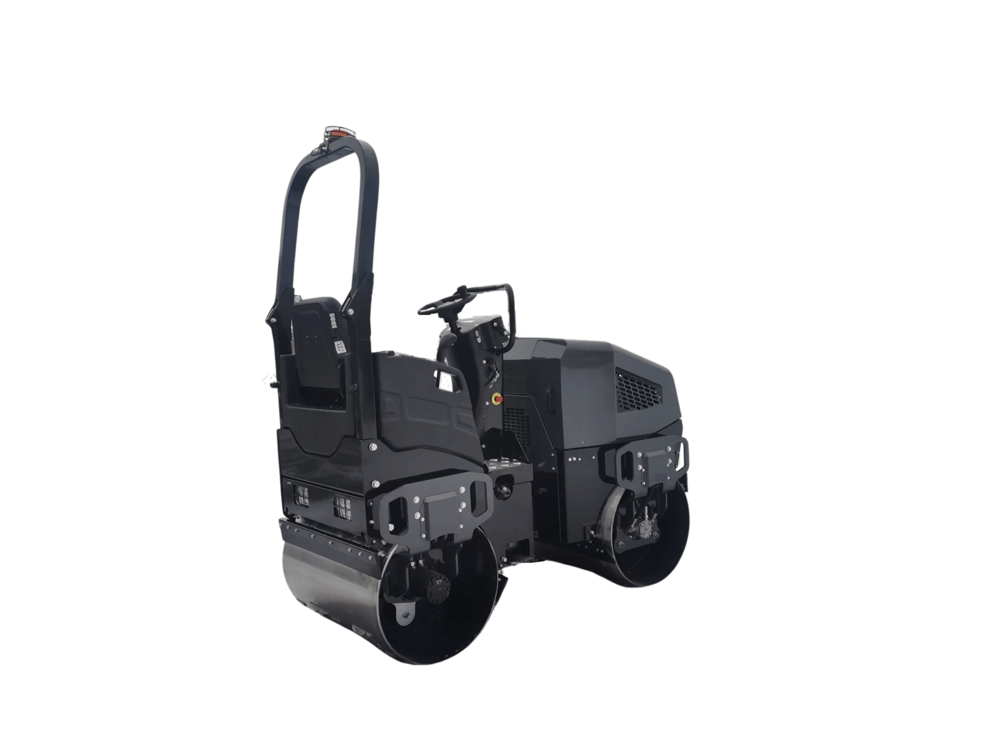A rear angled view of the RA12H asphalt compactor emphasizing the folding ROPS, high-back ergonomic operator seat, and the streamlined balance of the dual drum drive system.