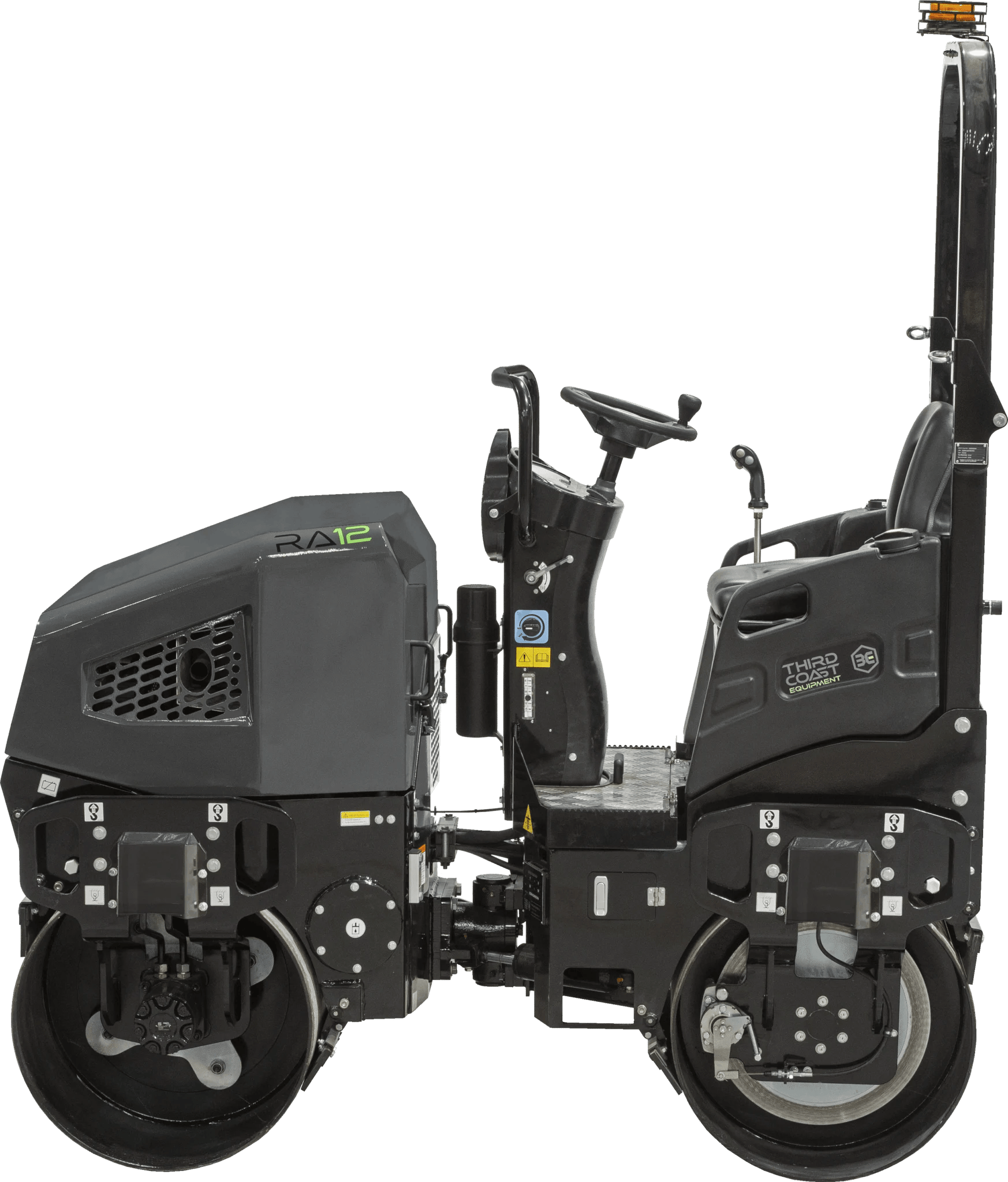 A direct side profile of the Third Coast Equipment RA12H roller highlighting the dual-stage vibratory system, specialized scraper bars, and high curb clearance for precision paving near obstacles.