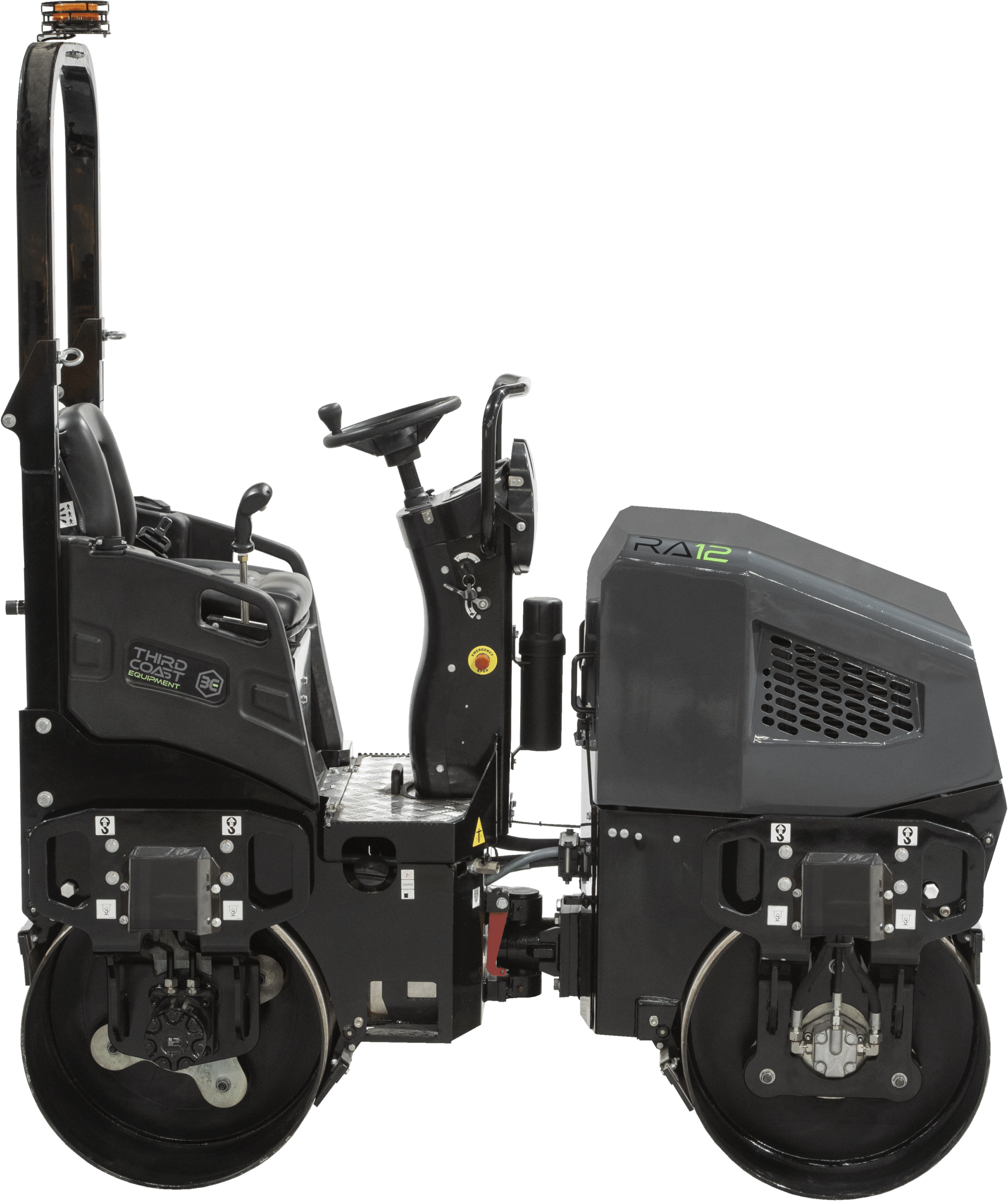 The alternative side profile of the RA12H tandem roller showcasing the sliding weight-adjustable operator seat and the integrated pressurized water system with adjustable spray nozzles.