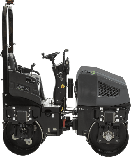The alternative side profile of the RA12H tandem roller showcasing the sliding weight-adjustable operator seat and the integrated pressurized water system with adjustable spray nozzles.