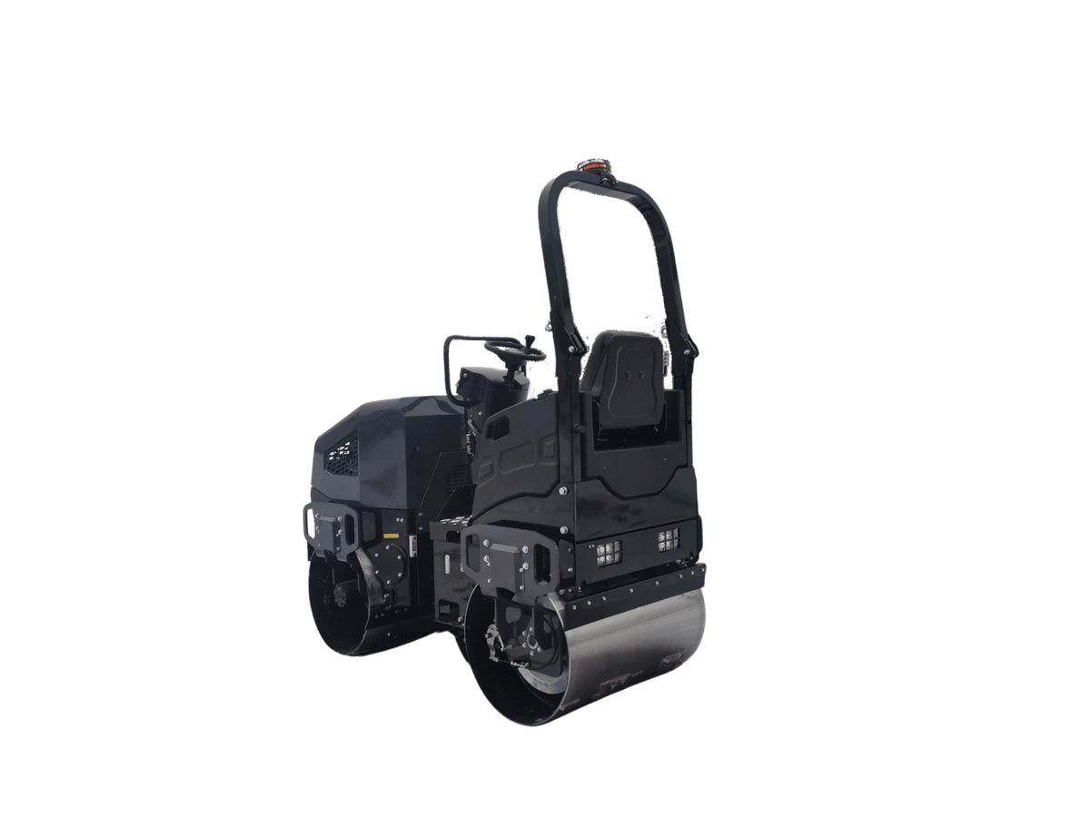 A high-angle rear profile of the vibratory asphalt roller demonstrating the compact footprint and the professional lighting package designed for low-light paving operations.