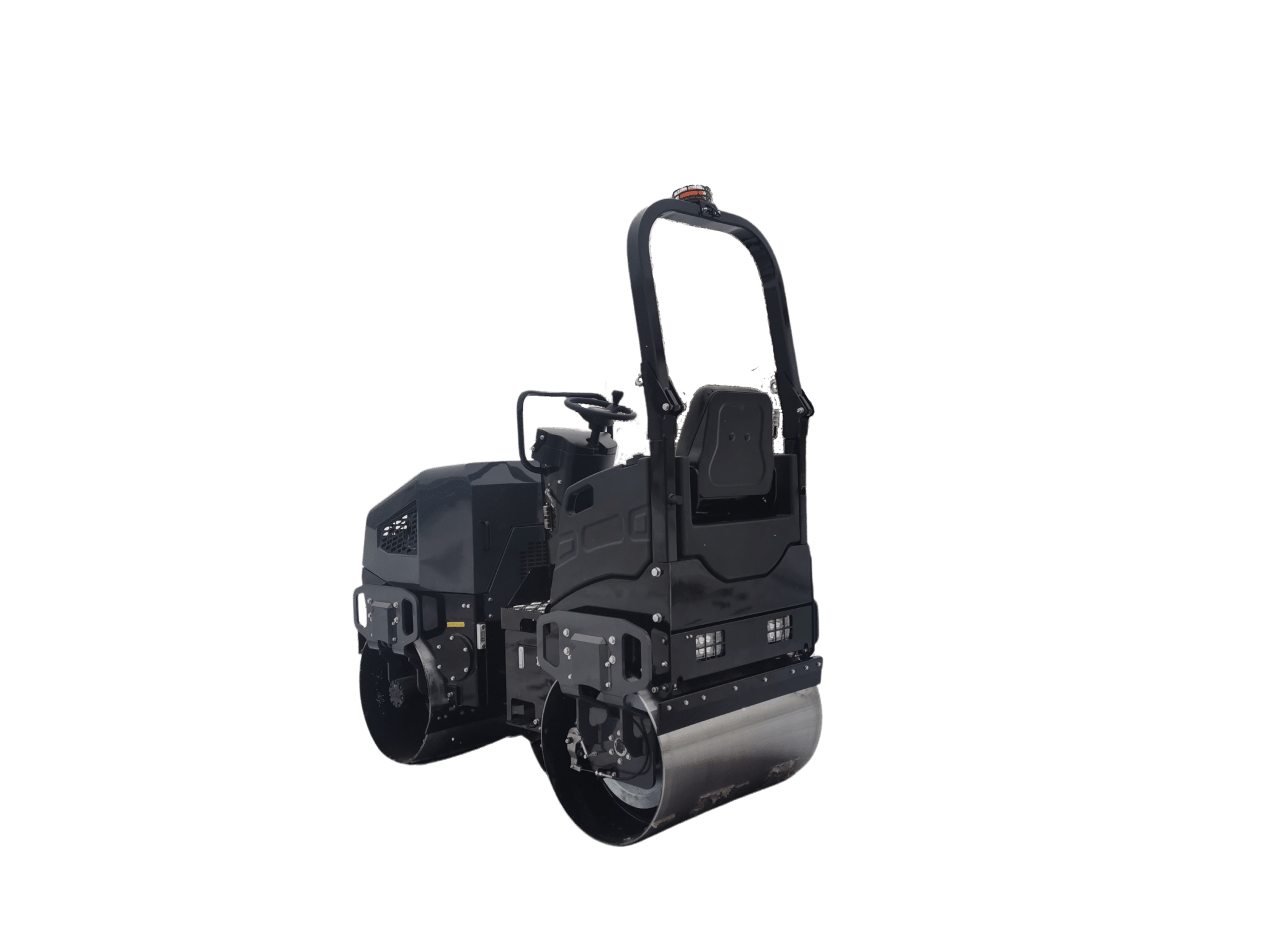 A high-angle rear profile of the vibratory asphalt roller demonstrating the compact footprint and the professional lighting package designed for low-light paving operations.