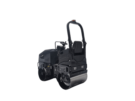 A high-angle rear profile of the vibratory asphalt roller demonstrating the compact footprint and the professional lighting package designed for low-light paving operations.