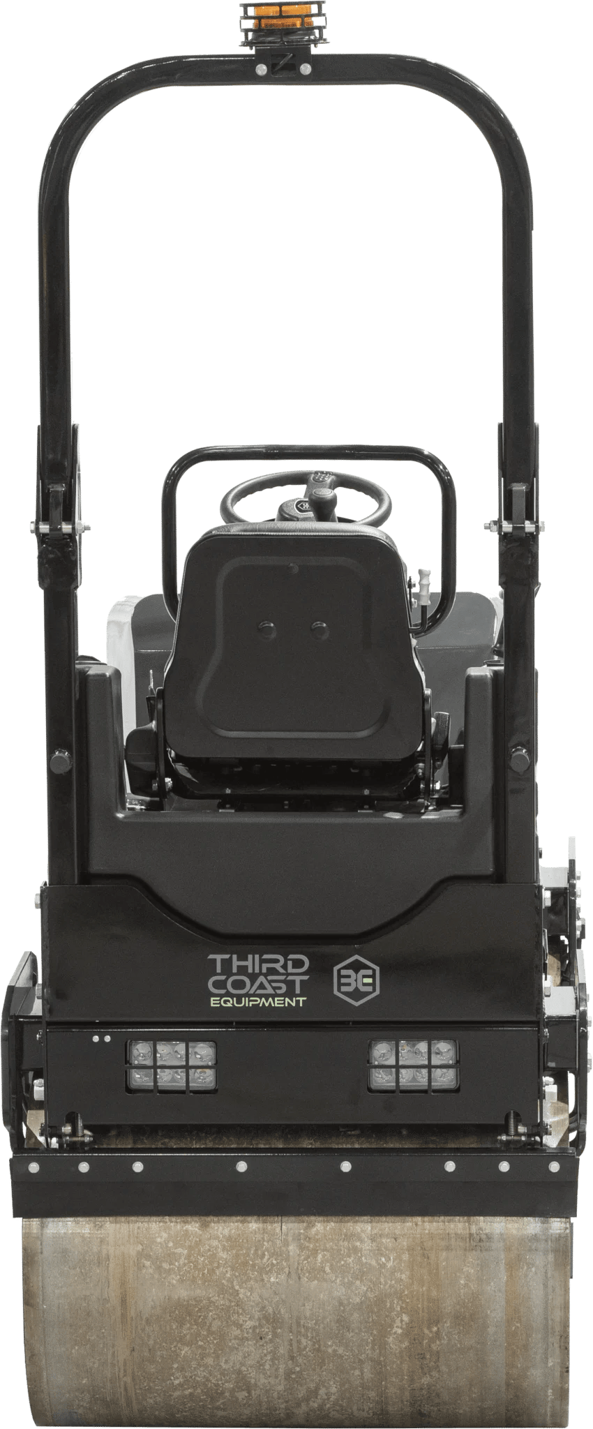 A direct rear view of the Third Coast Equipment RA12H roller showcasing the folding ROPS safety system, backup alarm, and the 32-gallon high-capacity pressurized water tank.
