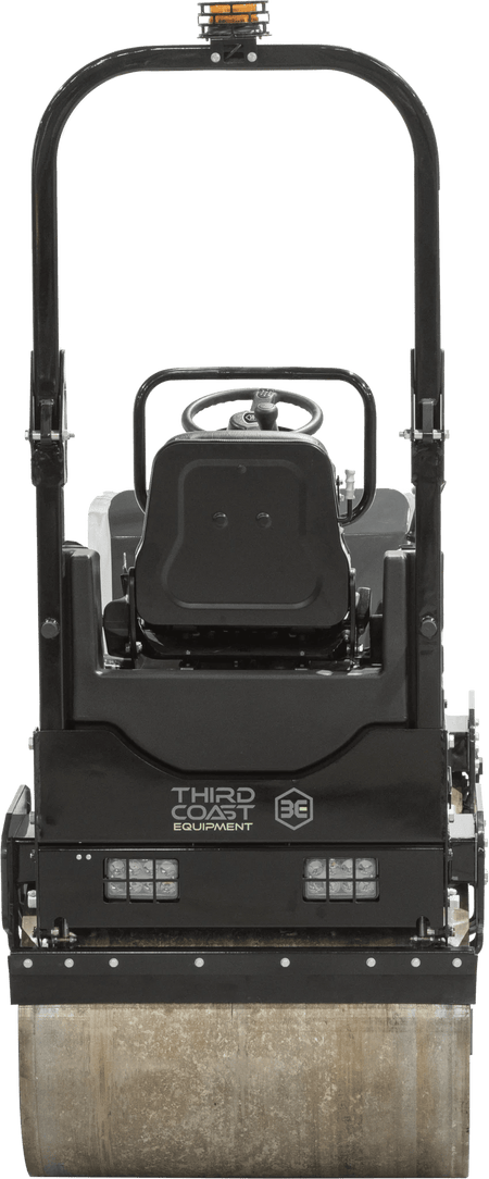 A direct rear view of the Third Coast Equipment RA12H roller showcasing the folding ROPS safety system, backup alarm, and the 32-gallon high-capacity pressurized water tank.