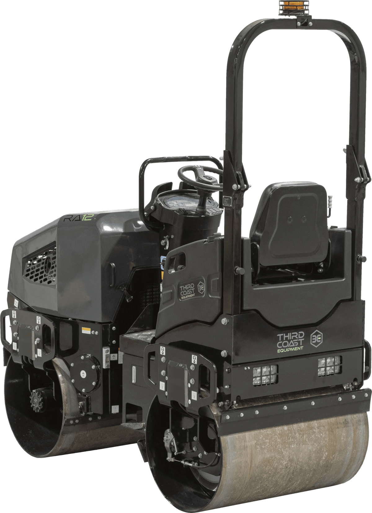 An angled studio view from the rear of the RA12H compactor emphasizing the dual-drum traction controls and the rugged industrial components built for 3,821 lbf of centrifugal force.