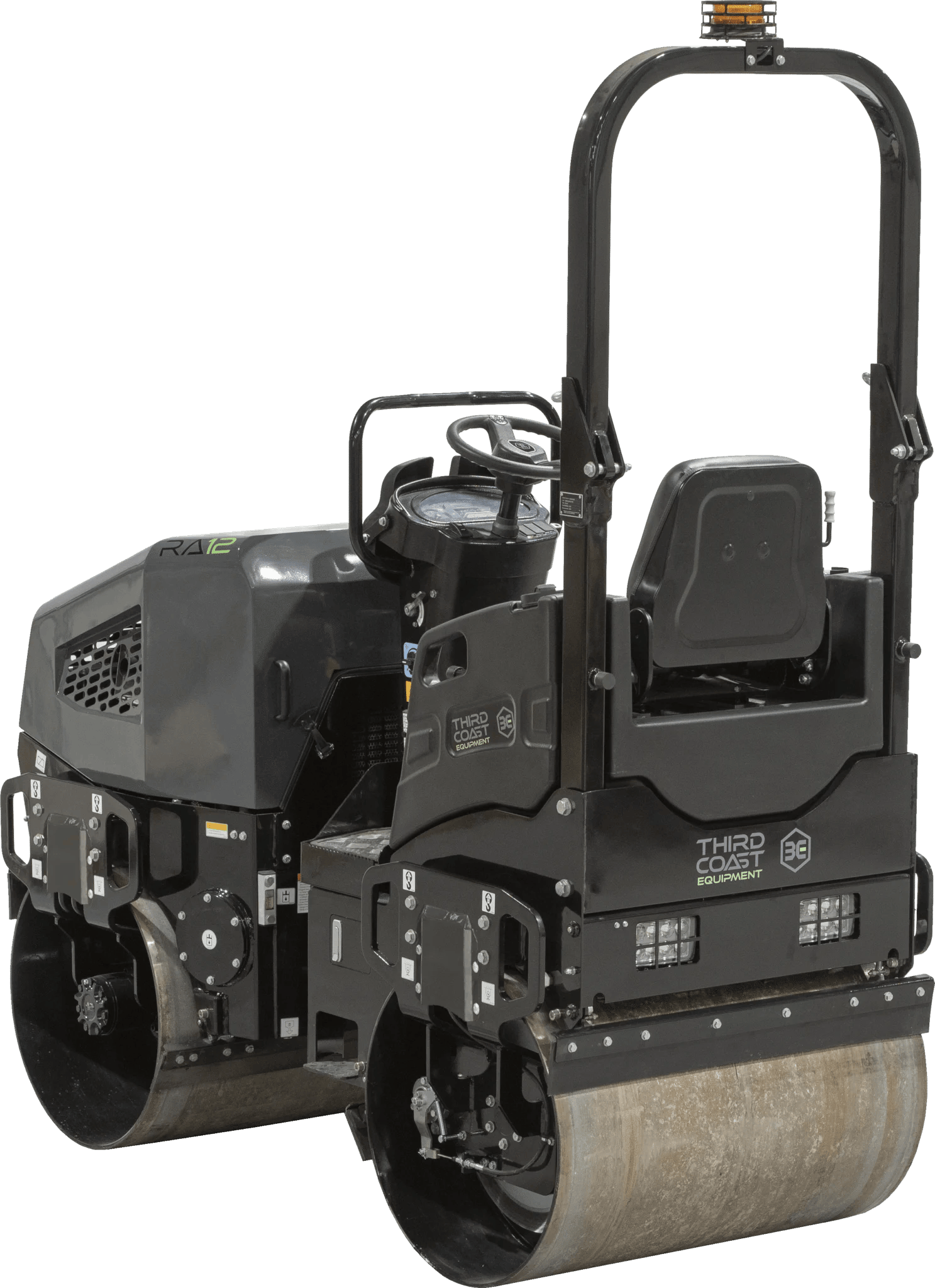 An angled studio view from the rear of the RA12H compactor emphasizing the dual-drum traction controls and the rugged industrial components built for 3,821 lbf of centrifugal force.