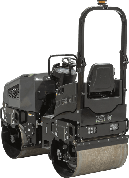 An angled studio view from the rear of the RA12H compactor emphasizing the dual-drum traction controls and the rugged industrial components built for 3,821 lbf of centrifugal force.