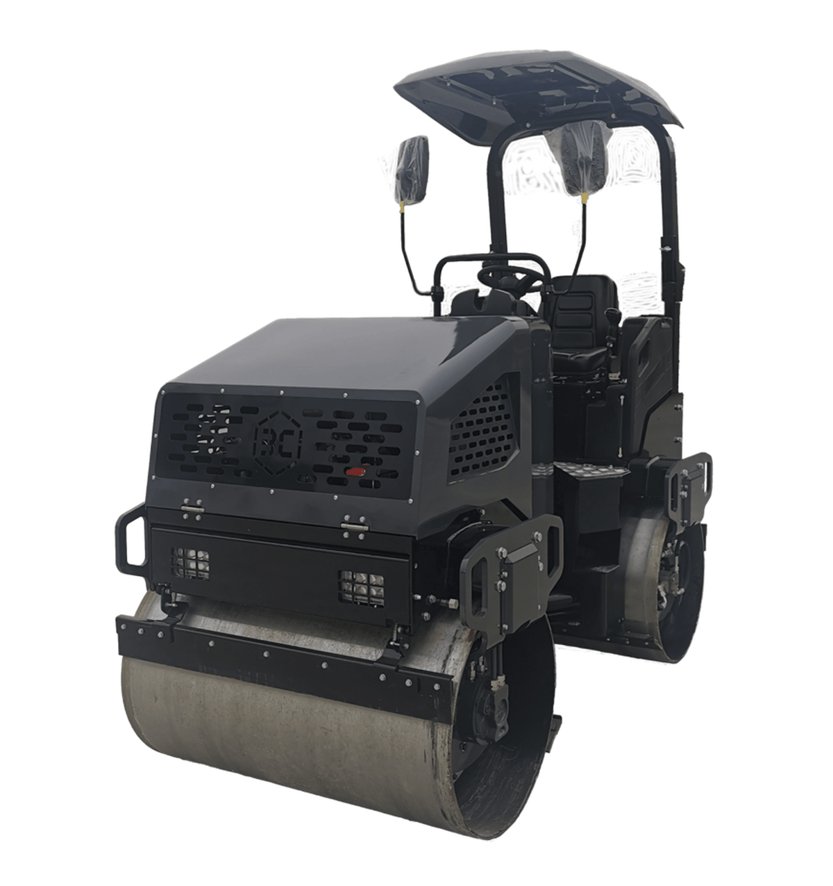 A high-angle studio shot of the Third Coast Equipment RA29Y vibratory tandem roller featuring a 47.2 inch dual drum drive system, an integrated canopy, and heavy-duty steel construction for industrial asphalt paving.