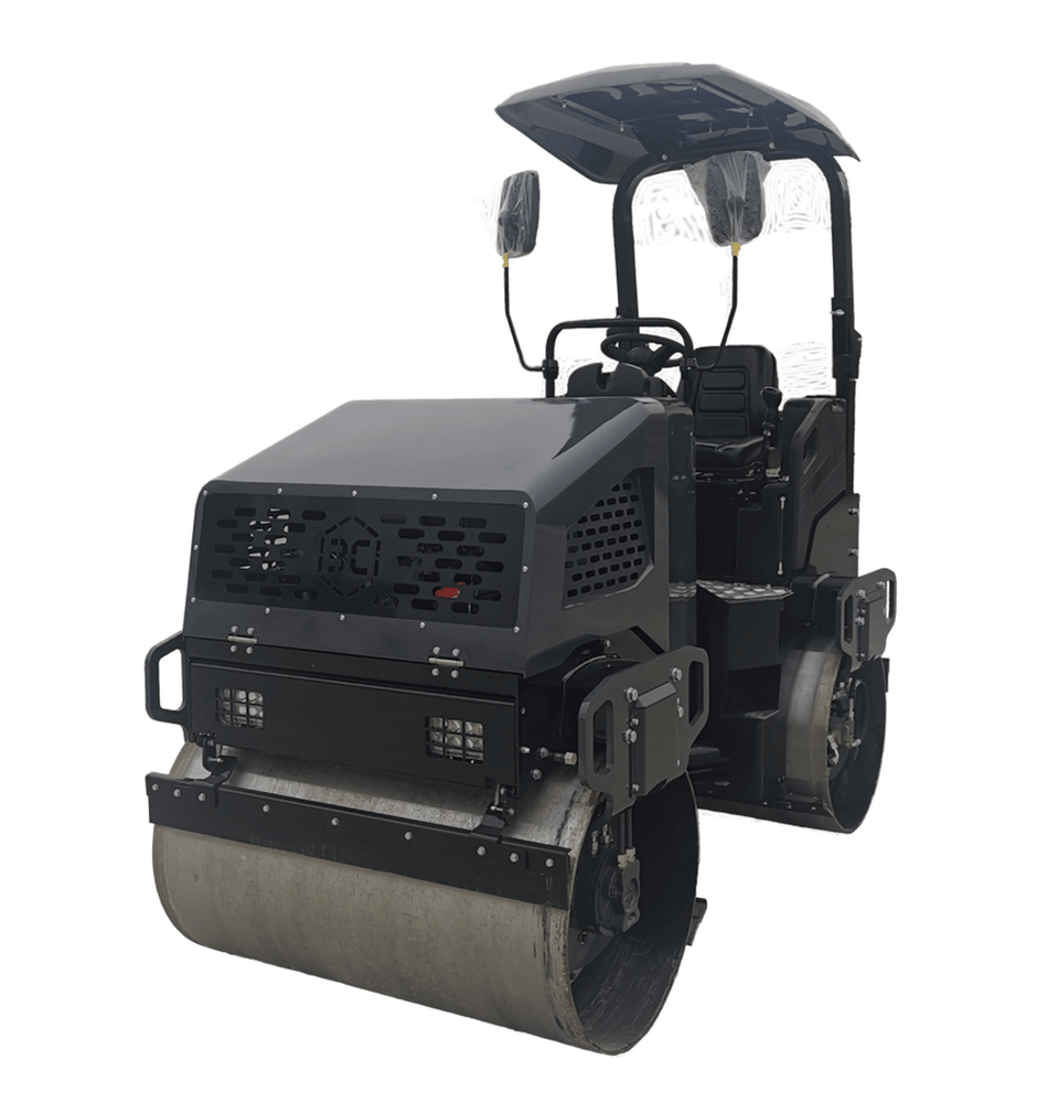 A high-angle studio shot of the Third Coast Equipment RA29Y vibratory tandem roller featuring a 47.2 inch dual drum drive system, an integrated canopy, and heavy-duty steel construction for industrial asphalt paving.