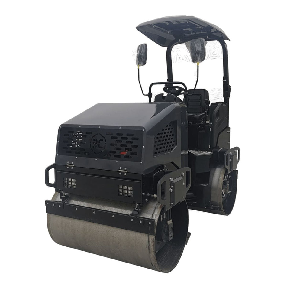 A high-angle studio shot of the Third Coast Equipment RA29Y vibratory tandem roller featuring a 47.2 inch dual drum drive system, an integrated canopy, and heavy-duty steel construction for industrial asphalt paving.