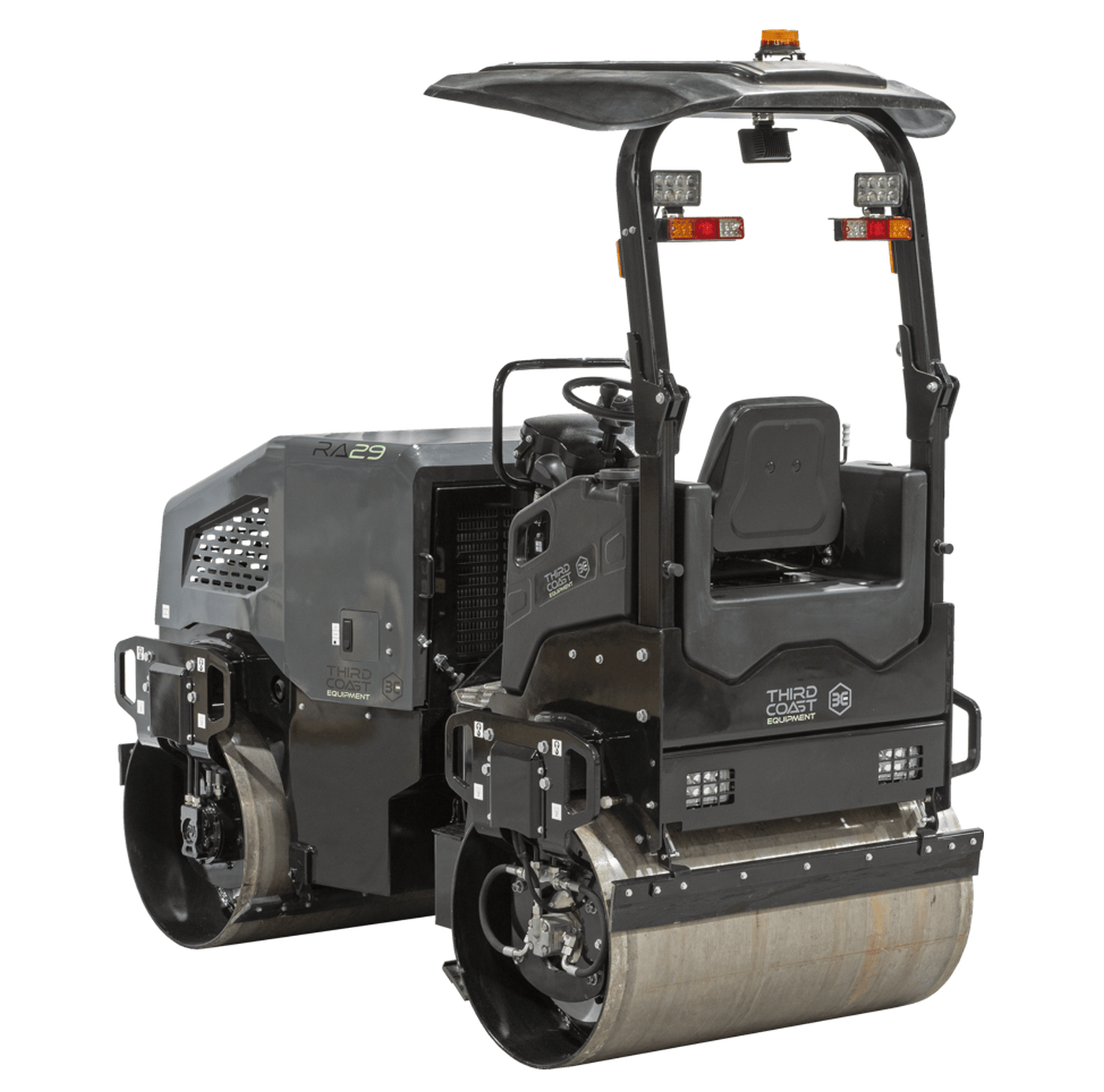 An angled studio view from the rear of the RA29Y compactor emphasizing the dual-drum traction controls and the rugged industrial components built for high-production soil and asphalt compaction.
