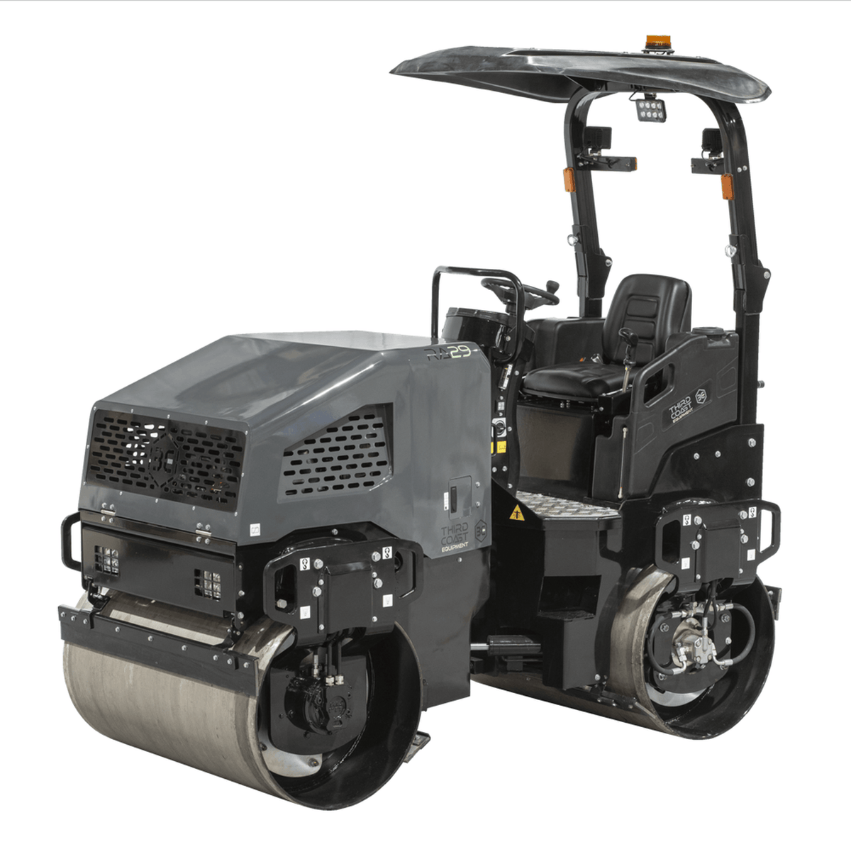 A professional angled view of the RA29Y tandem roller highlighting the 43.5 HP Yanmar diesel engine compartment, folding ROPS safety frame, and high-visibility LED work lights.
