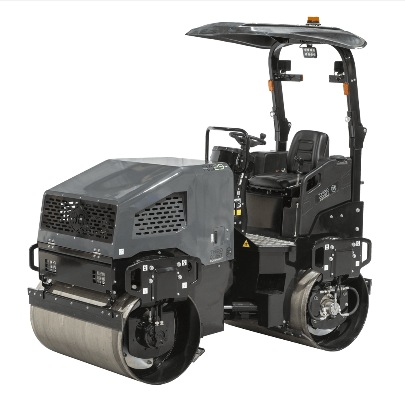 A professional angled view of the RA29Y tandem roller highlighting the 43.5 HP Yanmar diesel engine compartment, folding ROPS safety frame, and high-visibility LED work lights.