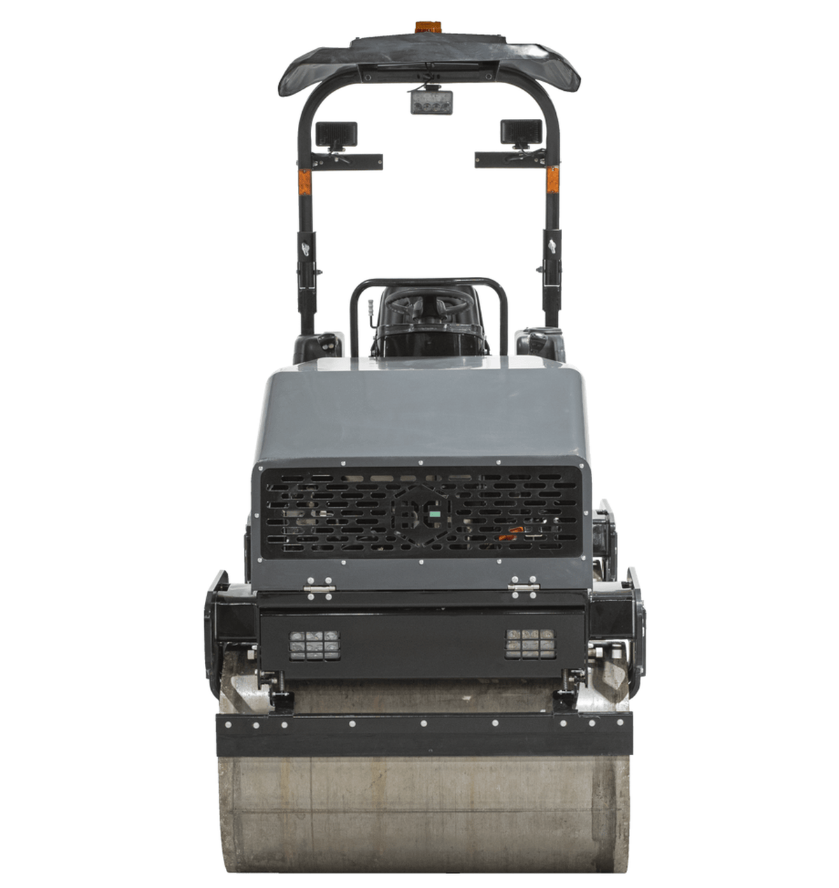 A direct front view of the Third Coast Equipment RA29Y compactor showing the wide 1200mm smooth steel drum, integrated pressurized water spray bar, and industrial safety beacon.