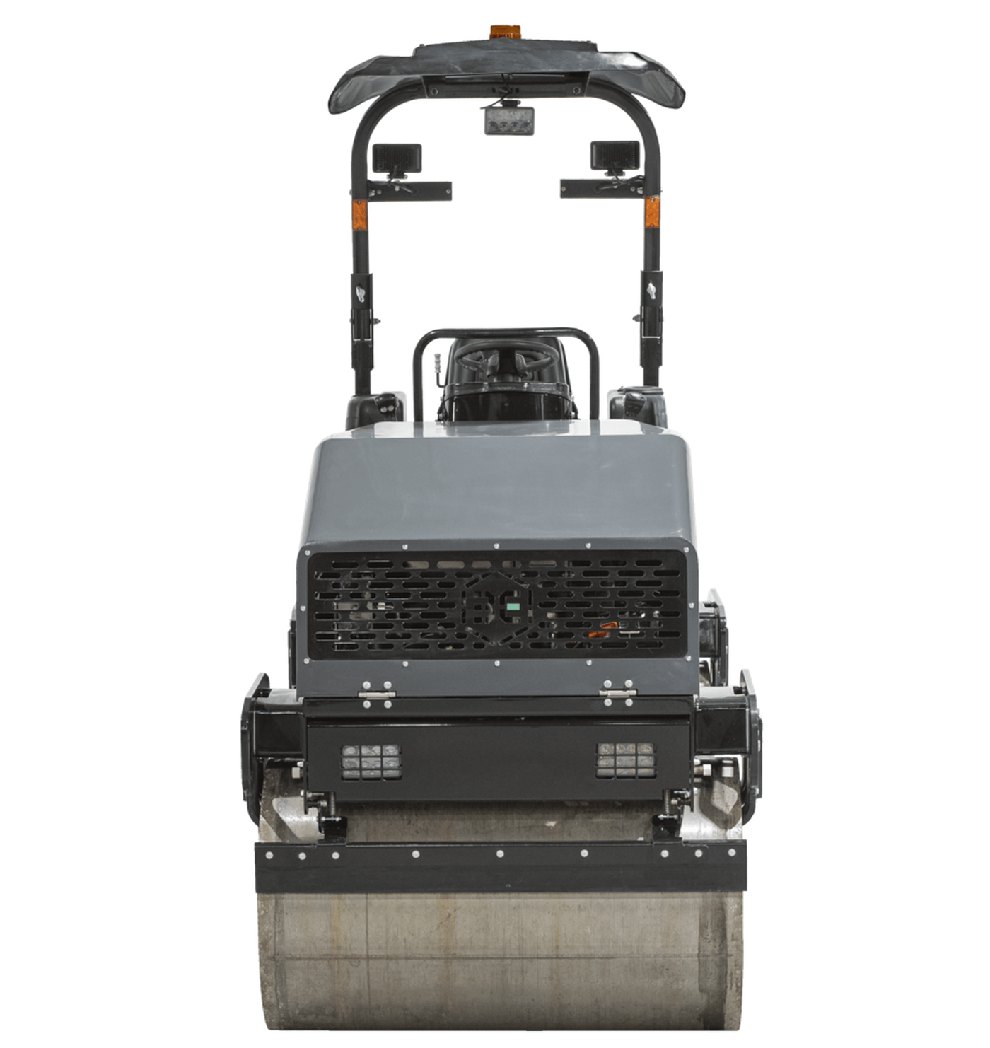 A direct front view of the Third Coast Equipment RA29Y compactor showing the wide 1200mm smooth steel drum, integrated pressurized water spray bar, and industrial safety beacon.