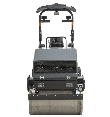 A direct front view of the Third Coast Equipment RA29Y compactor showing the wide 1200mm smooth steel drum, integrated pressurized water spray bar, and industrial safety beacon.