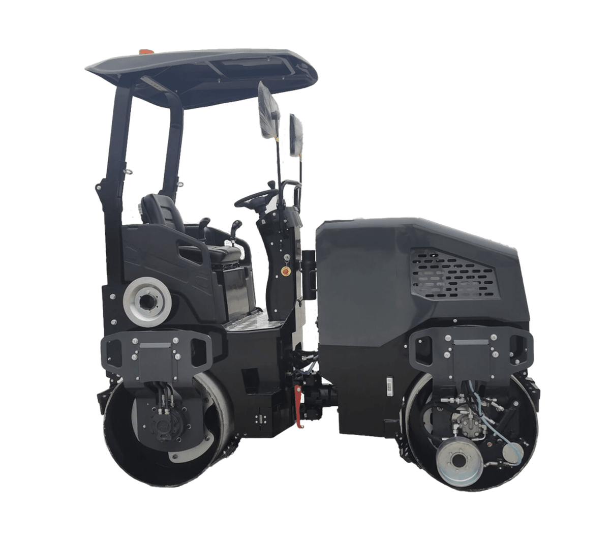 A direct side profile of the Third Coast Equipment RA29Y compactor highlighting the dual drum vibration system, specialized scraper bars, and accessible hydraulic service points.