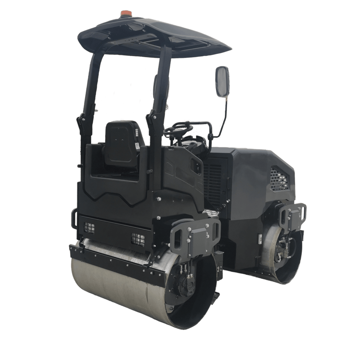 A high-angle rear profile of the vibratory asphalt roller demonstrating the folding ROPS, high-back operator seat, and the professional lighting package designed for low-light paving operations.