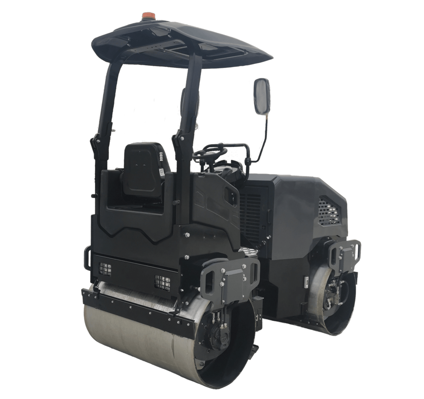 A high-angle rear profile of the vibratory asphalt roller demonstrating the folding ROPS, high-back operator seat, and the professional lighting package designed for low-light paving operations.