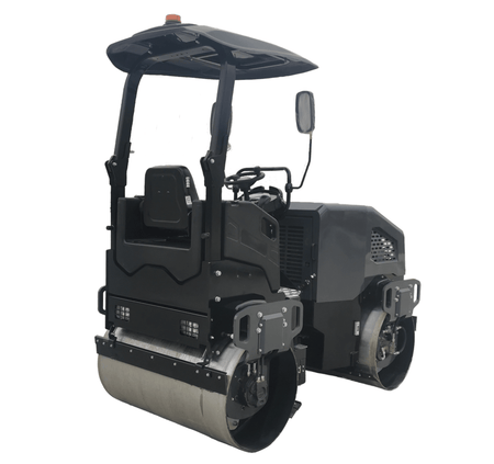 A high-angle rear profile of the vibratory asphalt roller demonstrating the folding ROPS, high-back operator seat, and the professional lighting package designed for low-light paving operations.