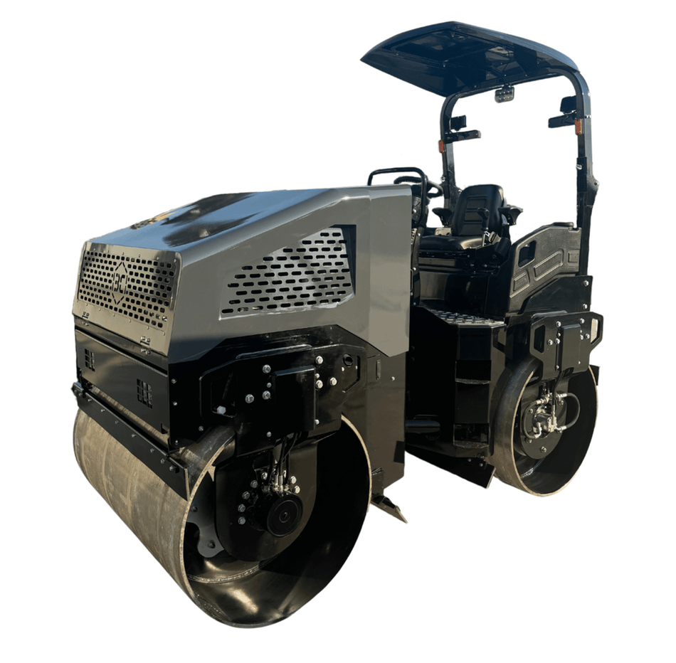 A high-angle studio profile shot of the Third Coast Equipment RA45 vibratory tandem roller featuring a 55 inch dual drum drive system, an integrated canopy over the operator station, and heavy-duty industrial construction for large-scale asphalt paving.