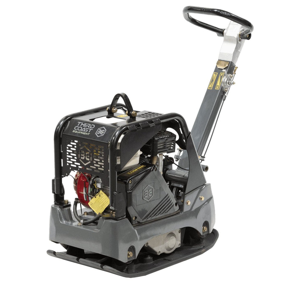 A professional studio angled view of the Third Coast Equipment RP350 reversible plate compactor featuring a rugged grey protective housing, integrated steel roll cage, and a heavy-duty ductile cast iron base for industrial soil compaction.