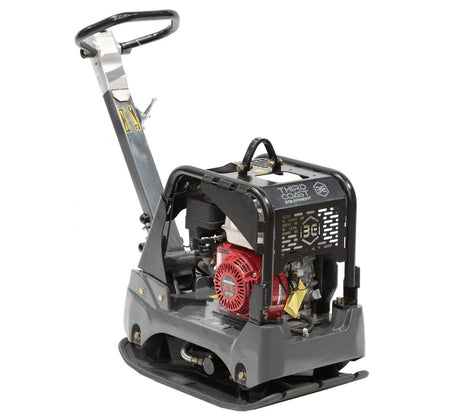 The opposite angled view of the RP350 reversible compactor showcasing the high-performance Honda GX200 engine and the ergonomic multi-position handle designed for precise maneuverability on the job site.