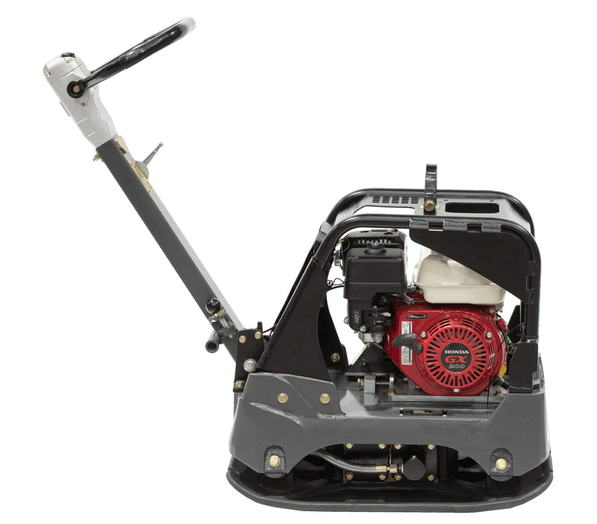 A direct side profile of the Third Coast Equipment RP350 plate compactor highlighting the substantial ductile cast iron base plate and the shock-mounted handle assembly built to reduce hand-arm vibration.