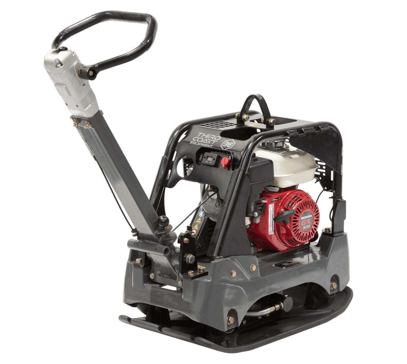 A rear angled view of the 329lb reversible compactor emphasizing the steel roll cage protection, top-mounted lifting point, and accessible engine controls for efficient operation in deep trenches.