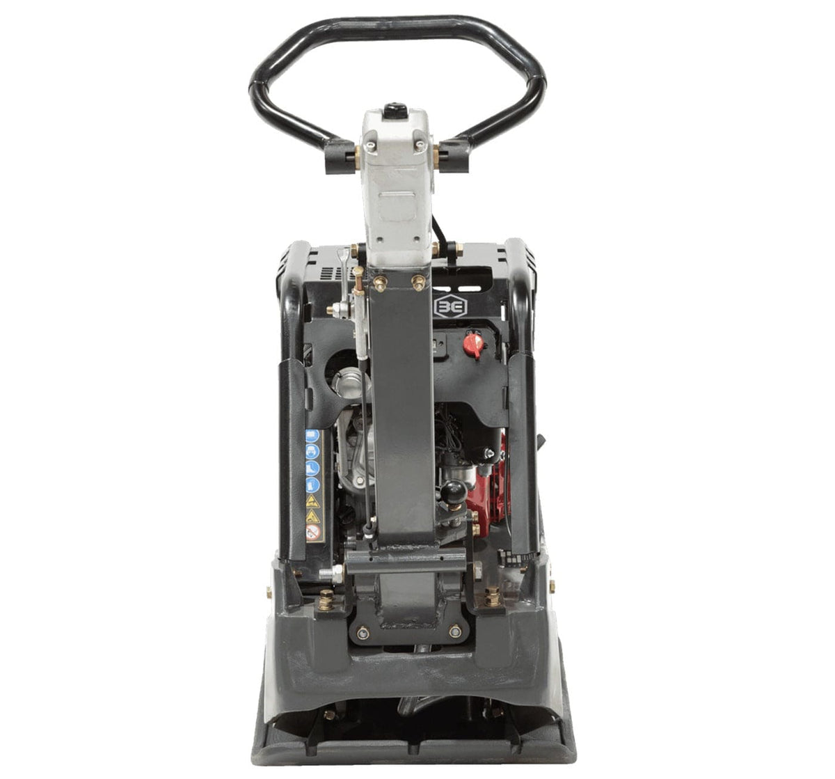 A direct rear view of the RP350 vibratory tamper showing the streamlined balance of the machine and the adjustable hydrostatic speed control lever integrated into the handle assembly.