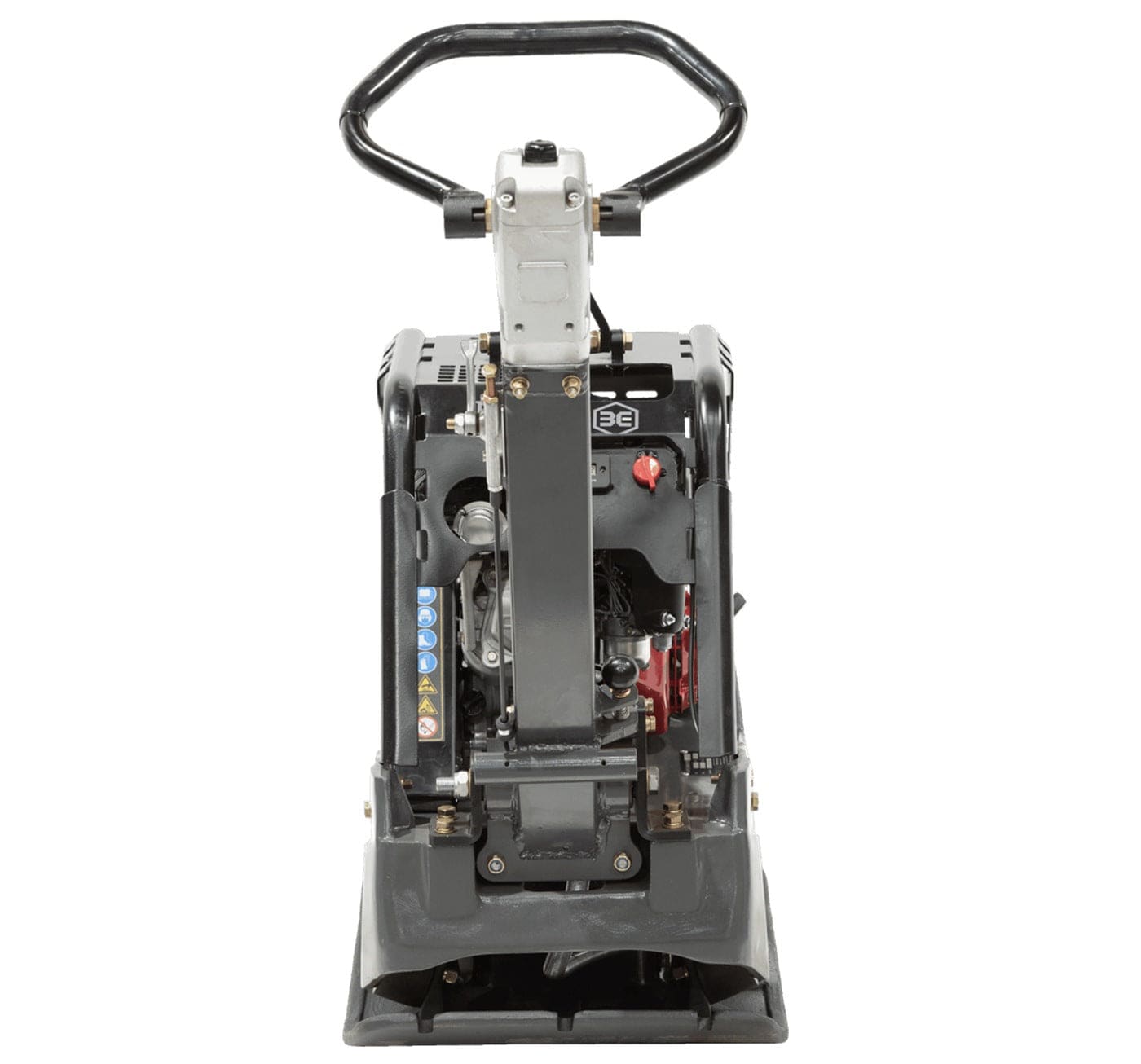 A direct rear view of the RP350 vibratory tamper showing the streamlined balance of the machine and the adjustable hydrostatic speed control lever integrated into the handle assembly.