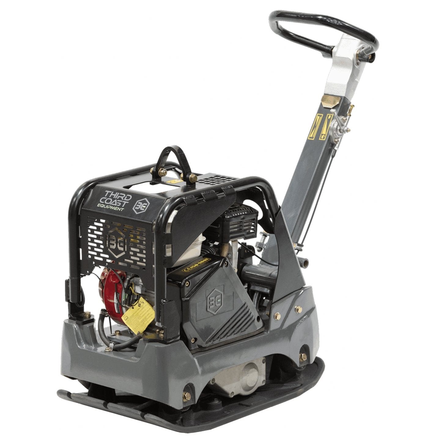 A high-angle studio view of the RP350 reversible compactor emphasizing the 360-degree steel engine guards and the robust construction required for high-impact centrifugal force performance.