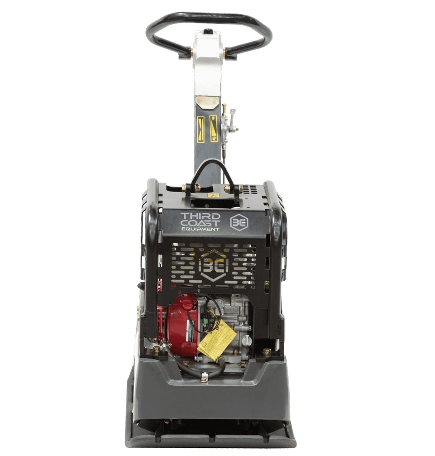A direct front view of the Third Coast Equipment RP350 plate compactor showcasing the rugged vented front grill and the compact 16.9 inch width designed for restricted space soil compaction.