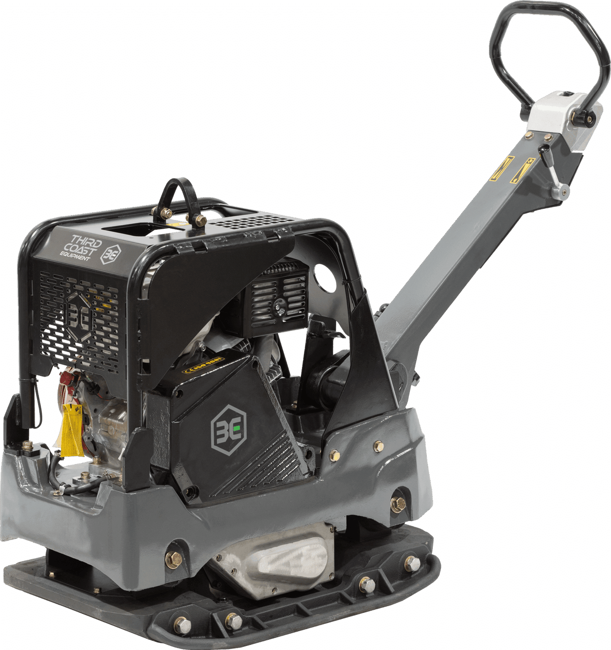 A professional studio angled view of the Third Coast Equipment RP700 reversible plate compactor featuring a heavy-duty steel roll cage, integrated lifting point, and a massive ductile cast iron base plate for industrial soil compaction.