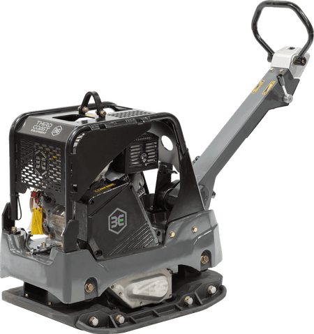 A professional studio angled view of the Third Coast Equipment RP700 reversible plate compactor featuring a heavy-duty steel roll cage, integrated lifting point, and a massive ductile cast iron base plate for industrial soil compaction.