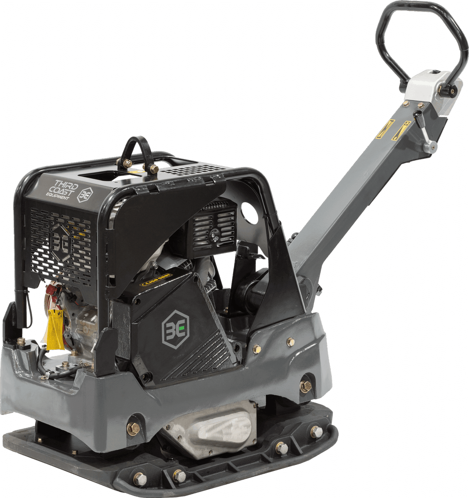 A professional studio angled view of the Third Coast Equipment RP700 reversible plate compactor featuring a heavy-duty steel roll cage, integrated lifting point, and a massive ductile cast iron base plate for industrial soil compaction.