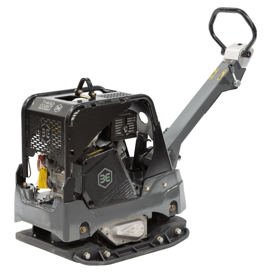 A professional studio angled view of the Third Coast Equipment RP700 reversible plate compactor featuring a heavy-duty steel roll cage, integrated lifting point, and a massive ductile cast iron base plate for industrial soil compaction.