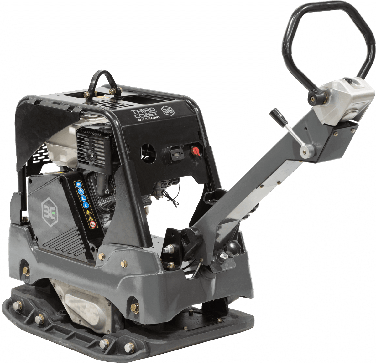 An opposite angled view of the RP700 reversible compactor showcasing the commercial-grade Honda GX390 13 HP engine and the ergonomic multi-grip handle with integrated hydrostatic directional controls.