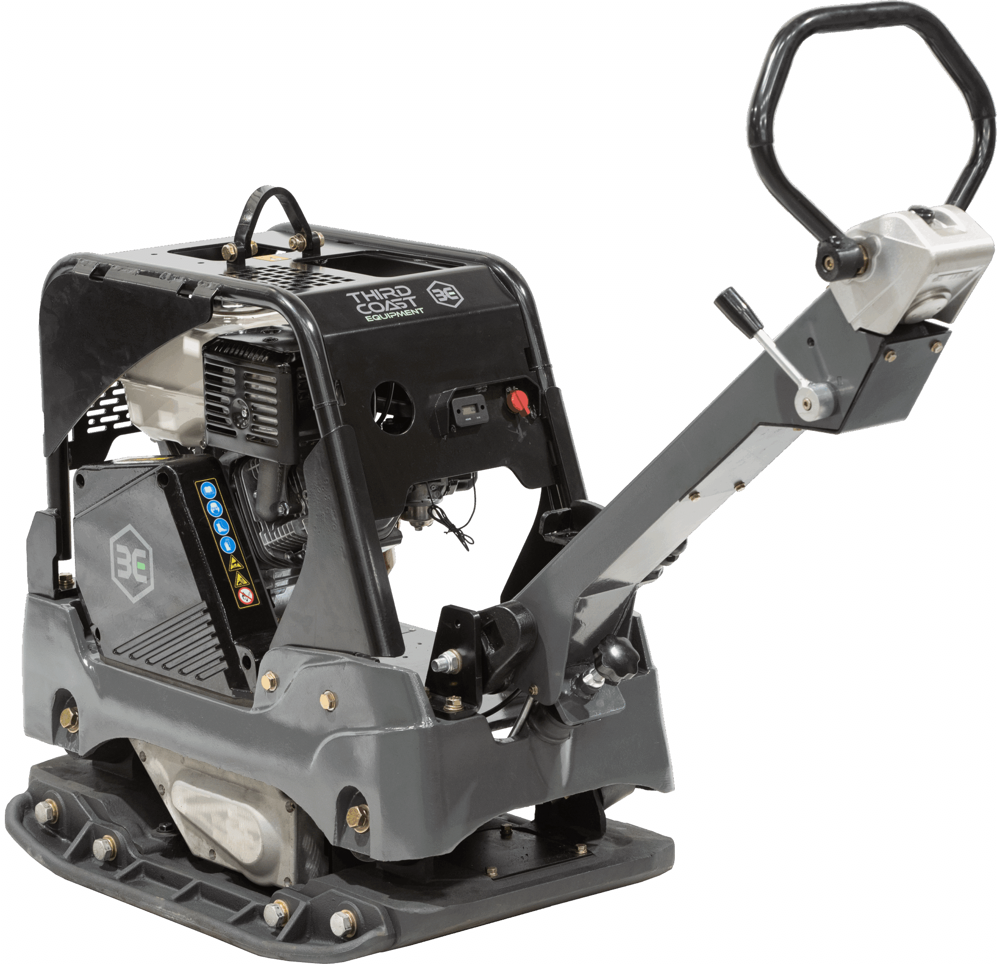 An opposite angled view of the RP700 reversible compactor showcasing the commercial-grade Honda GX390 13 HP engine and the ergonomic multi-grip handle with integrated hydrostatic directional controls.