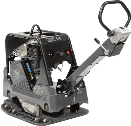 An opposite angled view of the RP700 reversible compactor showcasing the commercial-grade Honda GX390 13 HP engine and the ergonomic multi-grip handle with integrated hydrostatic directional controls.