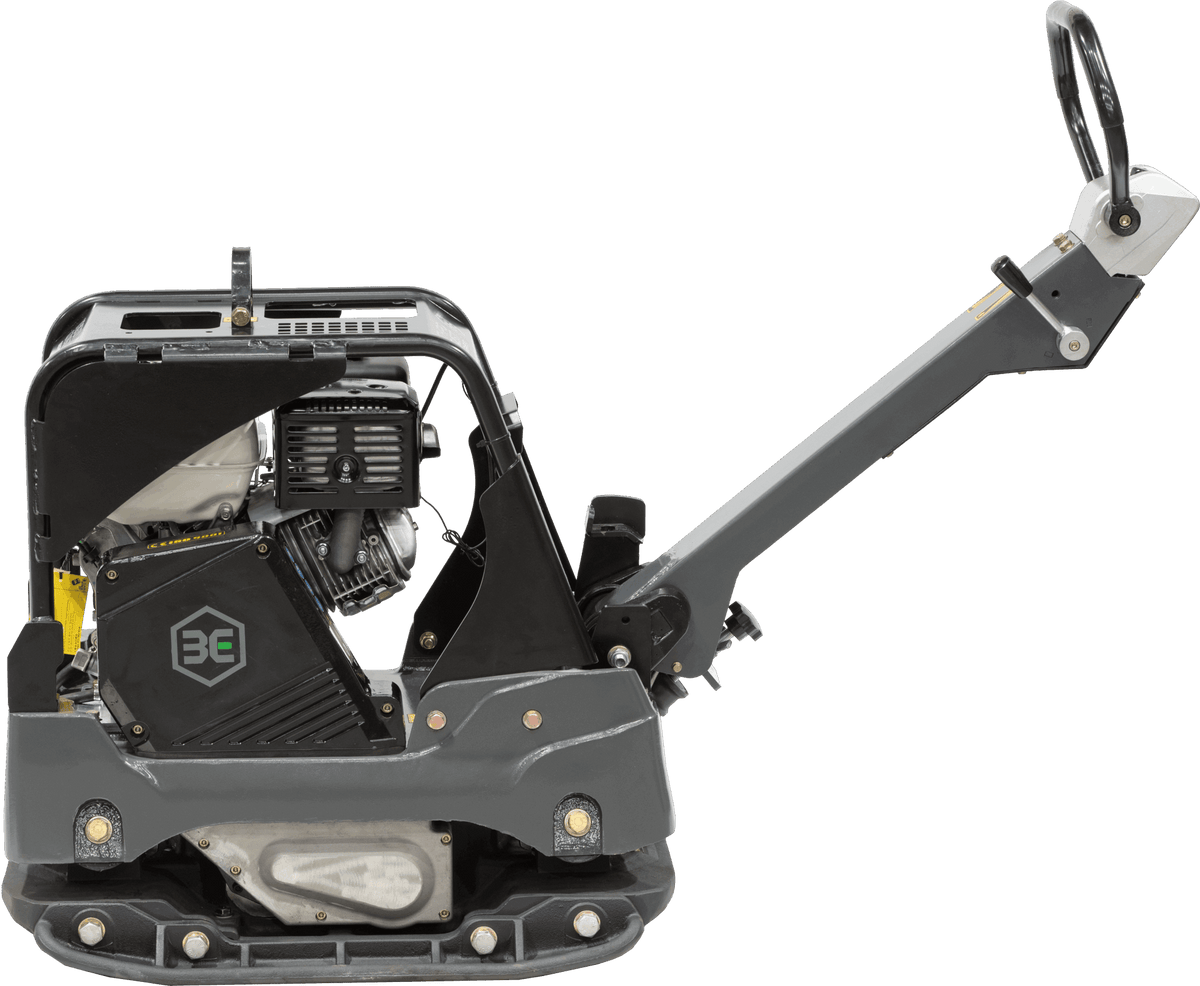A direct side profile of the 735lb Third Coast Equipment plate compactor highlighting the high-capacity ductile iron base and the robust shock-mounted handle assembly designed to minimize hand-arm vibration.